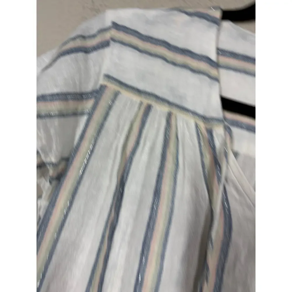 Rails XS Rylan Stripe Viera Top Blouse White Linen Rayon Metallic Cap Sleeves